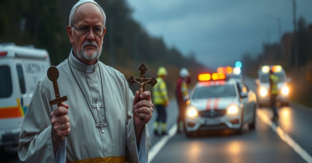 Ksiądz katolicki w pobliżu wypadku drogowego trzymając krzyż z troską na twarzy, podkreślając niepowodzenie świeckich przepisów