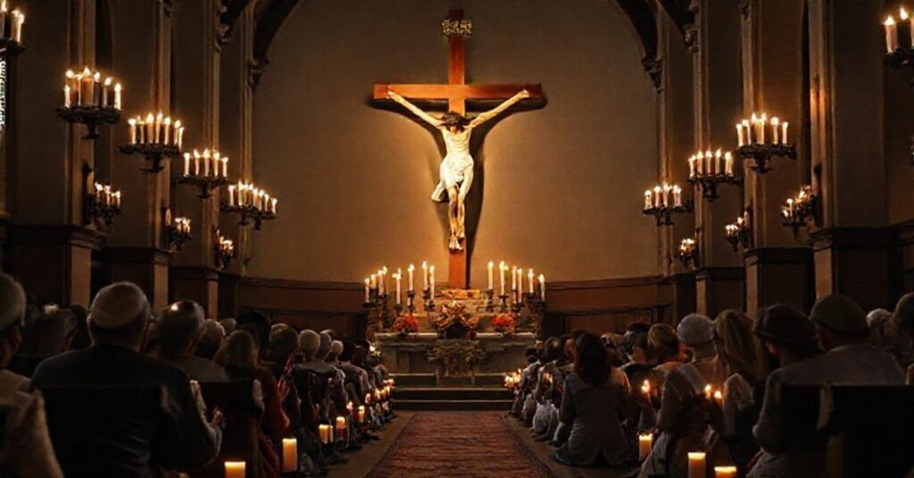Tradycyjny wnętrze kościoła z krzyżem Chrystusa otoczonym świecami. Wierni modlą się w pokorze.