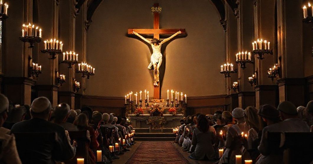 Tradycyjny wnętrze kościoła z krzyżem Chrystusa otoczonym świecami. Wierni modlą się w pokorze.