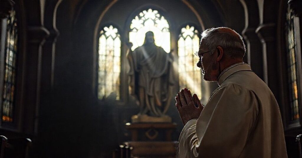 Ksiądz w tradycyjnej szacie modli się przed posągiem Chrystusa Króla w starannie oświetlonym kościele.