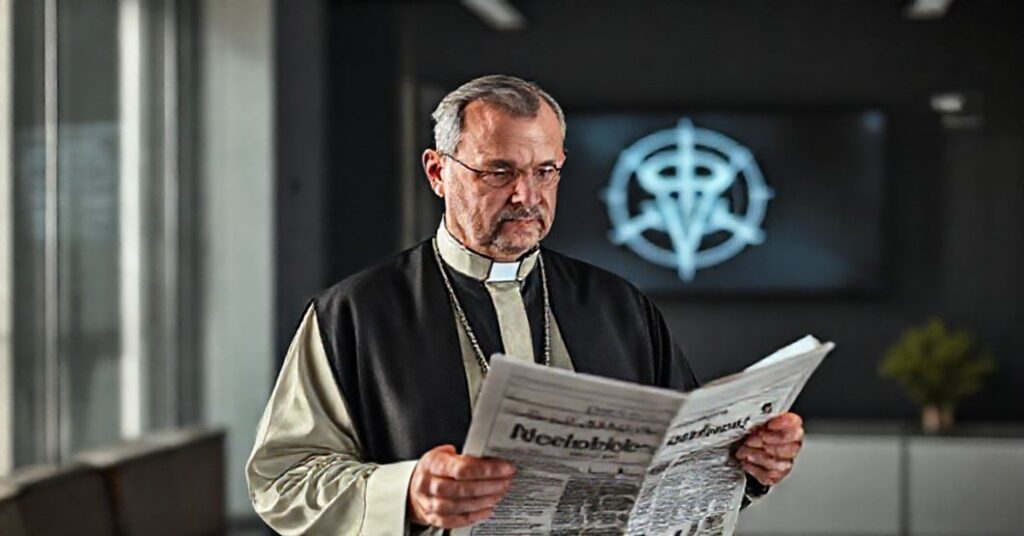 Ksiądz w tradycyjnym ornaty patrzy z troską na czasopismo o modernistycznej dewolucji wiary