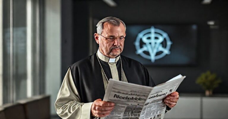 Ksiądz w tradycyjnym ornaty patrzy z troską na czasopismo o modernistycznej dewolucji wiary