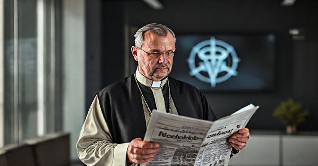 Ksiądz krytykuje modernistyczną dewolucję wiary Ksiądz w tradycyjnym ornaty patrzy z troską na czasopismo o modernistycznej dewolucji wiary