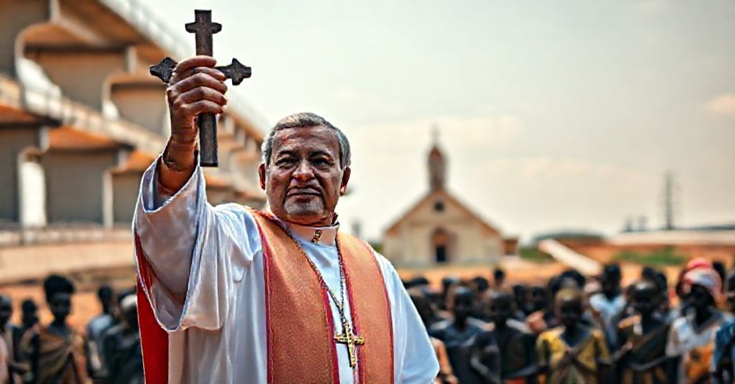 Ksiądz w tradycyjnych szatach liturgicznych stoi przed grupą afrykańskich wieśniaków, trzymając krzyż i gestykulując w kierunku kościoła na tle konstrukcji humanitarnych.