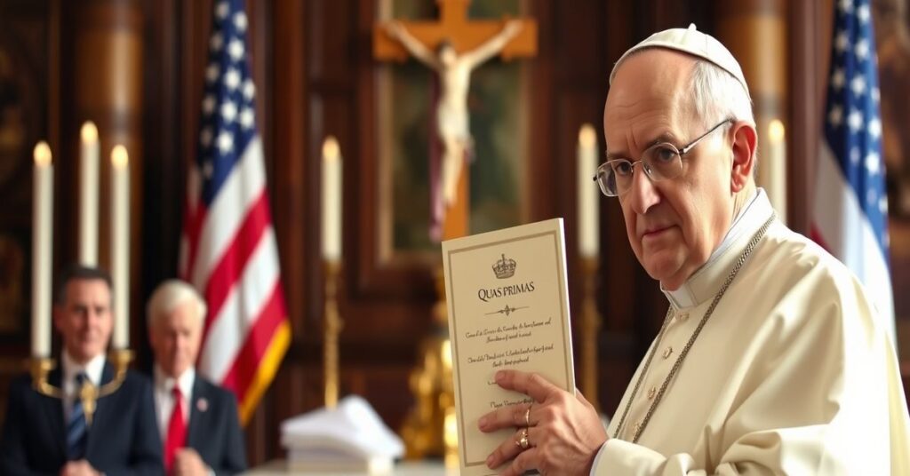 Papież Pius XI trzymający Quas primas przed tradycyjnym ołtarzem z krzyżem i świecami. W tle - amerykańska flaga i europejscy politycy.