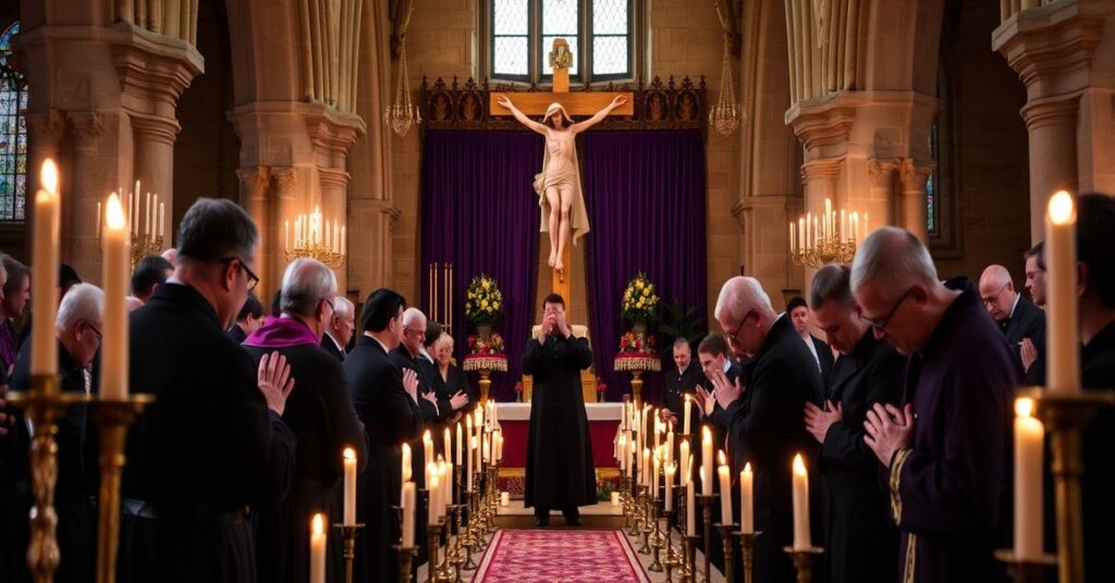 Grupa wiernych modli się przed krzyżem podczas wielkopostnej krucjaty modlitewnej w Zielonej Górze.