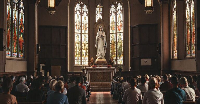 Wierni modlący się w tradycyjnym kościele katolickim z rozpościątym wizerunkiem Matki Bożej i Dziecięttem Jezus, podkreślający duchową walkę o życie i społeczny porządek chrześcijański