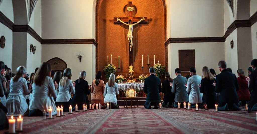 Grupowa modlitwa katolików w obronie życia nienarodzonych przed krzyżem w tradycyjnym kościele
