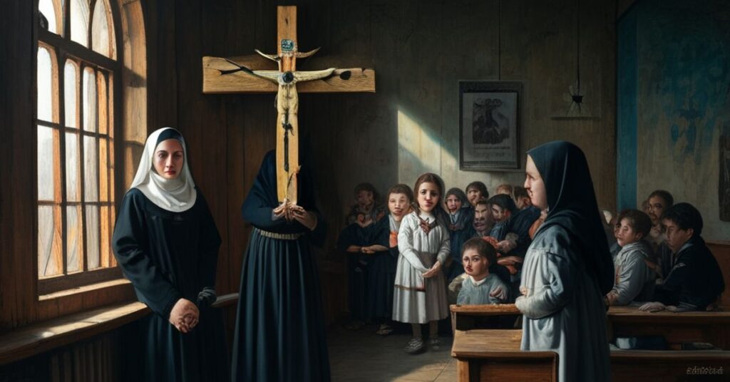 Sala szkolna w Kielnie z krucyfiksem na ścianie; zakonnica obok niego i nauczycielka trzymaćca plastikowy element halloweenowy.