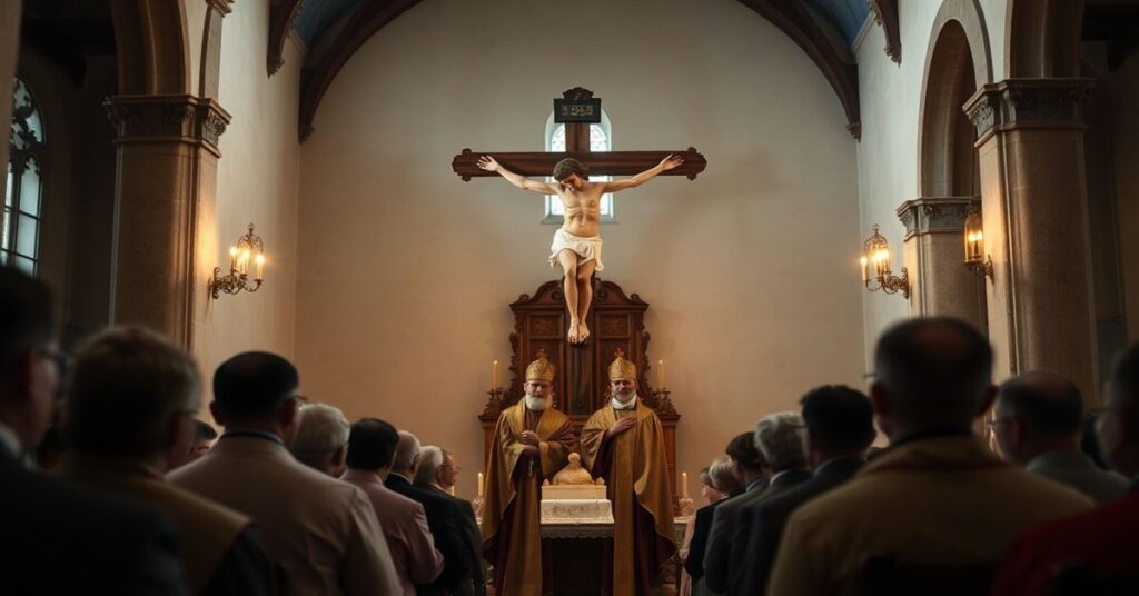 Wnętrze kościoła św. Michała Archanioła w Klimkówce z zabytkowym krucyfiksem i „biskupem” Krzysztofem Chudzio podczas kazania w Wielki Piątek