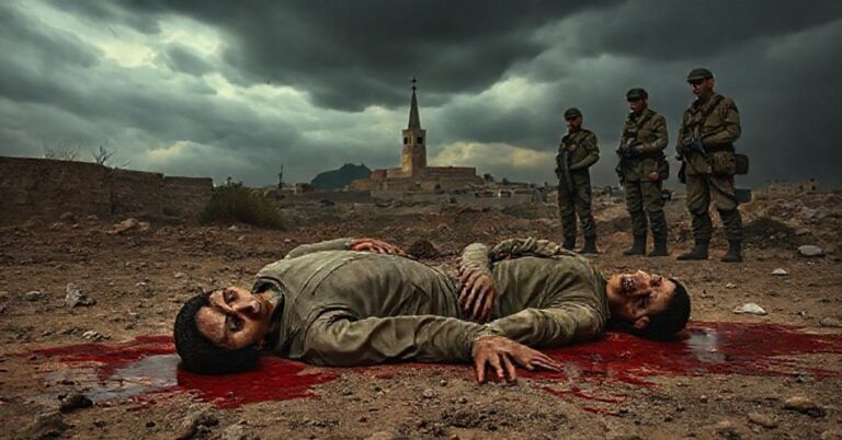 Scena krwawej egzekucji na Zachodnim Brzegu w Jeninie - realizm i duchowe upadek