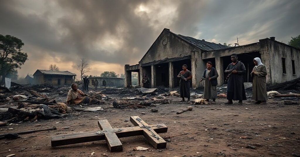 Scena zniszczenia w szpitalu Siostry Prezentki w Byambwe, Kivu, Demokratyczna Republika Konga, z rozrzuconymi zwłokami pacjentów i terrorystami w tle.