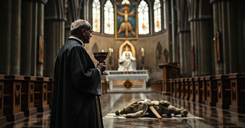 Ksiądz w tradycyjnym habitacie stoi w katolickim kościele z pustym kielichem, widoczna modernistyczna sztuka w tle i zniszczony posąg Chrystusa Króla na podłodze.