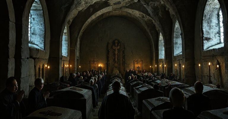 Realistyczne przedstawienie krypty biskupów tarnowskich w katedrze, z grobowcami biskupów posoborowych, w tym arcybiskupa Jerzego Ablewicza. Scena pokazuje ludzi modlących się z wyrażeniem wątpliwości i obawy, w atmosferze poważnej i smutnej, podkreślającej kryzys teologiczny modernizmu.