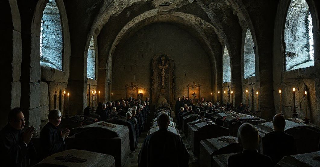 Realistyczne przedstawienie krypty biskupów tarnowskich w katedrze, z grobowcami biskupów posoborowych, w tym arcybiskupa Jerzego Ablewicza. Scena pokazuje ludzi modlących się z wyrażeniem wątpliwości i obawy, w atmosferze poważnej i smutnej, podkreślającej kryzys teologiczny modernizmu.