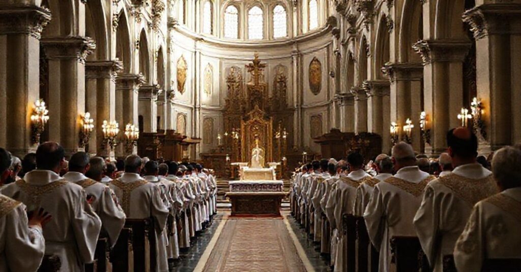 Wnętrze katedry z tradycyjną mszą łacińską; urządzona na tradycyjne katolickie wzory.