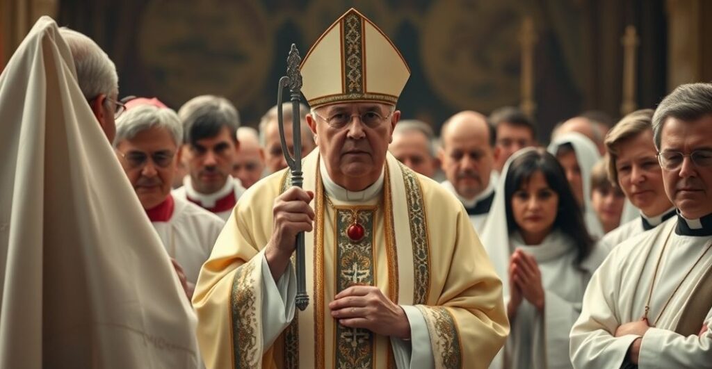 Realistyczne zdjęcie katolickiego duchownego podczas skromnej ceremonii w tradycyjnym stylu, ukazujące powagę i kontrowersje wokół współczesnych praktyk kościelnych