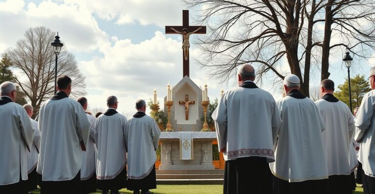 Sanktuarium katolickie z tradycyjnymi kapłanami podczas krytycznego nabożeństwa w kontekście współczesnych nadużyć liturgicznych