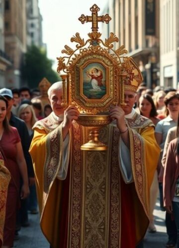 Krytyczny obraz katolickiej procesji z Najświętszym Sakramentem na ulicy Obraz realistycznego katolickiego pochodu na ulicy z Najświętszym Sakramentem, ukazujący krytykę modernistycznych praktyk w pielgrzymkach