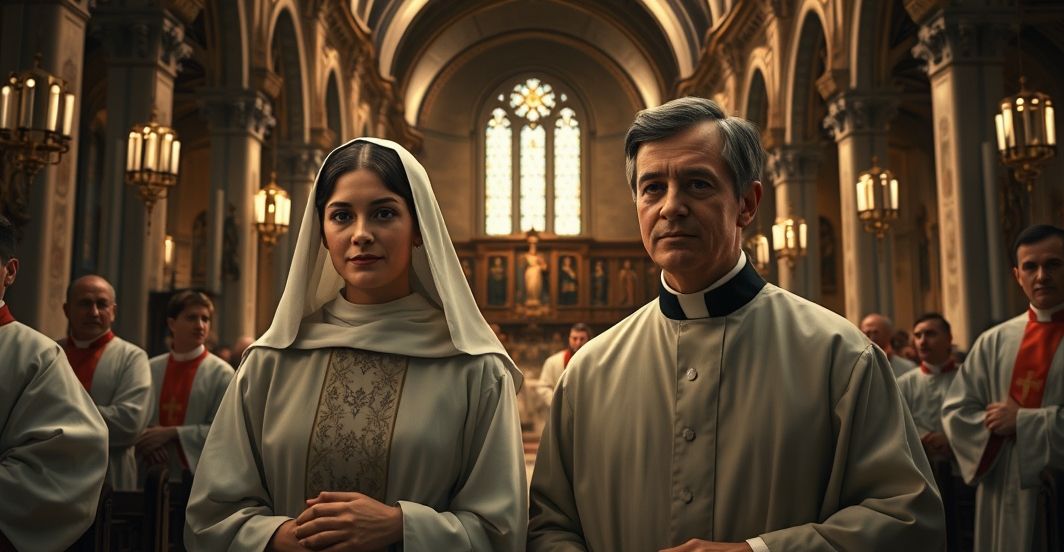 Religijna scena w kościele przedstawiająca krytyczne spojrzenie na kanonizacje Frassatiego i Acutisa, z poważnym nastrojem i elementami kontrowersji