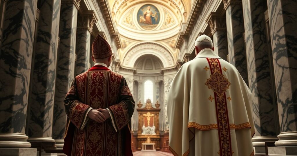 Szczegółowa realistyczna scena katolicka ukazująca spotkanie wysokiego duchownego z nieprawowitym papieżem w świątyni, wyrażająca powagę i krytykę sytuacji w Kościele.