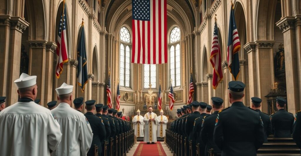 Reverentna katolicka ceremonia wojskowa w historycznym kościele, z kapłanami w tradycyjnych szatach i żołnierzami, ukazująca duchowe rozczarowanie posoborową pseudo-pobożnością