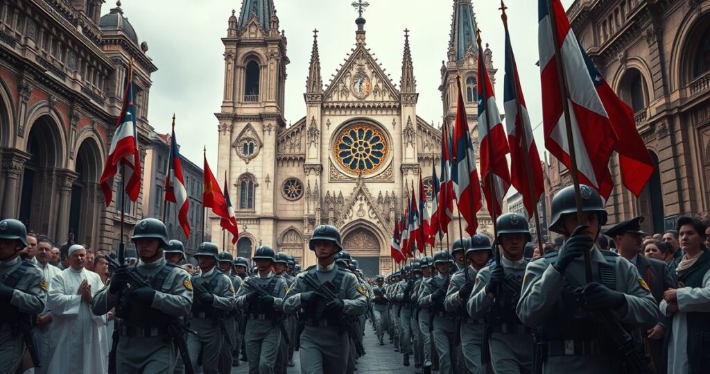 Obraz wojskowej defilady z warunkami katolickimi, ukazujący wojsko, flagi i świątynię, wywołujący refleksję nad duchowością i krytyką militarnych uroczystości.