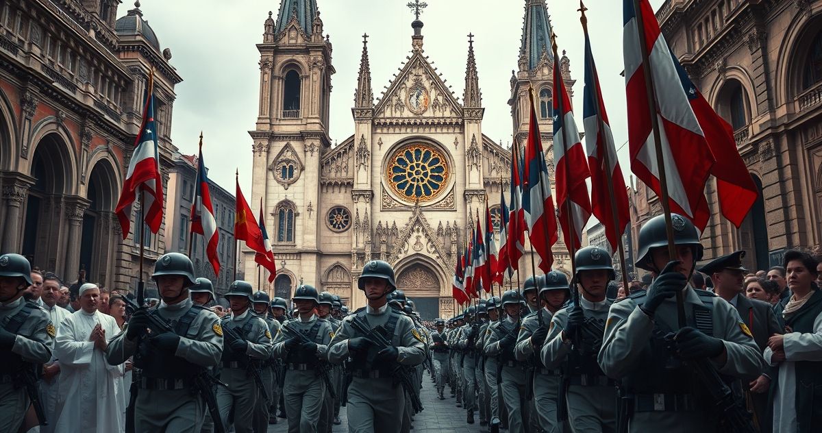 Krytyczna scena wojskowej defilady w katolickim stylu, refleksja nad duchowym wymiarem Obraz wojskowej defilady z warunkami katolickimi, ukazujący wojsko, flagi i świątynię, wywołujący refleksję nad duchowością i krytyką militarnych uroczystości.