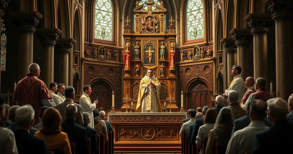 Zdjęcie realistyczne katolickich duchownych podczas poważnej liturgii na tradycyjnym ołtarzu, wyrażających krytykę nowoczesnych praktyk religijnych