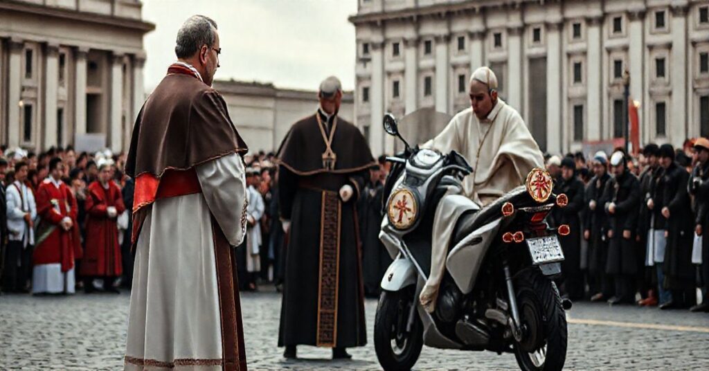 Reprodukcja sceny na placu św. Piotra z kapłanem i motorem z herbem papieskim, ukazująca krytykę modernistycznych praktyk w Kościele katolickim