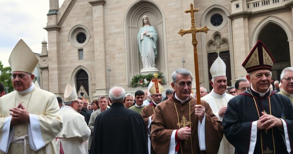 Rekonstrukcja krytycznego obrazu katolickiego nabożeństwa z tradycyjnymi duchownymi i obrazem Matki Bożej, ukazująca sprzeciw wobec modernistycznych praktyk