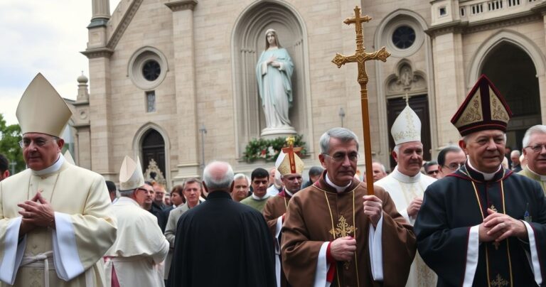 Rekonstrukcja krytycznego obrazu katolickiego nabożeństwa z tradycyjnymi duchownymi i obrazem Matki Bożej, ukazująca sprzeciw wobec modernistycznych praktyk