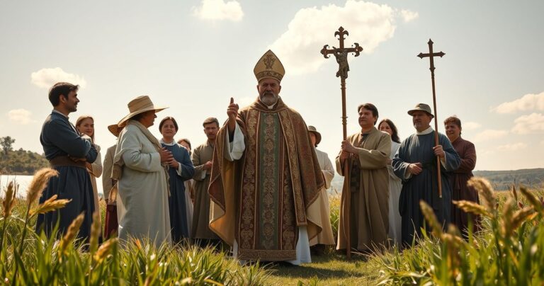 Fotografia realistyczna ukazująca ceremonię z udziałem biskupa i rolników, krytyczne przedstawienie święta plonów w kontekście katolickim, wyrażająca powagę i kontrowersje wobec odchyleń od tradycyjnej wiary