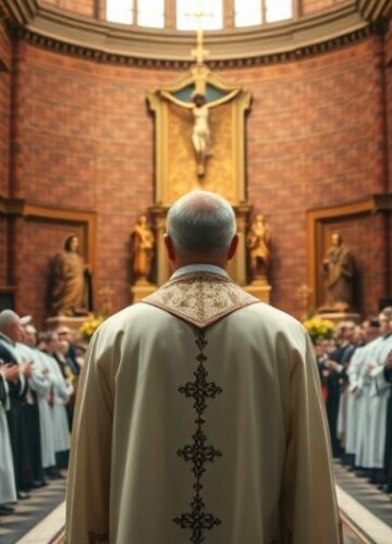 Krytyczna scena katolickiego kapłana podczas ekumenicznego zgromadzenia Rechertowa, realistyczna scena katolickiego kapłana podczas krytycznego zgromadzenia ekumenicznego w kościele