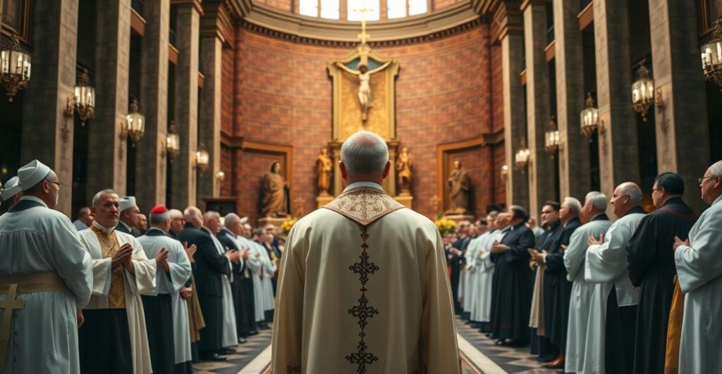 Rechertowa, realistyczna scena katolickiego kapłana podczas krytycznego zgromadzenia ekumenicznego w kościele
