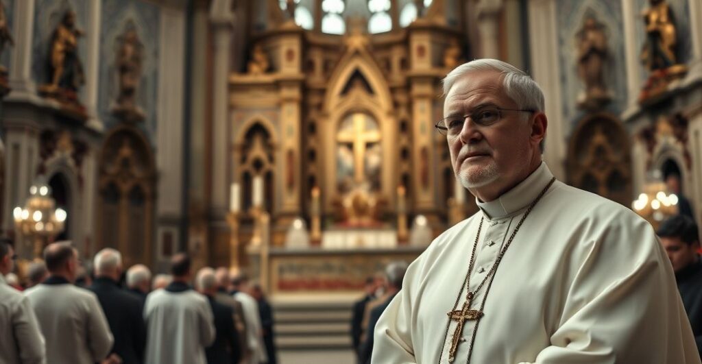 Fotografia realistyczna katolickiego duchownego podczas modlitwy na Jasnej Górze, wyrażająca powagę i krytykę współczesnych praktyk religijnych