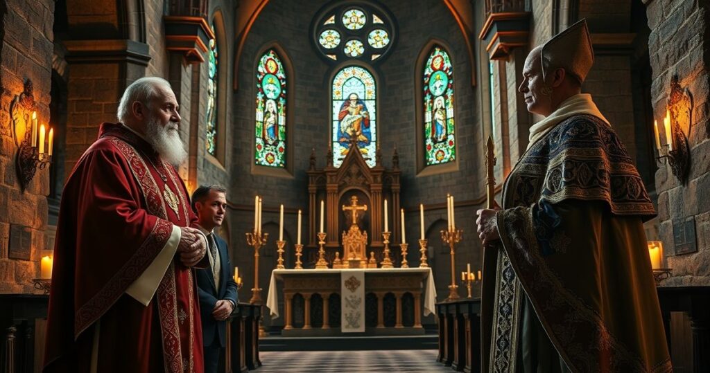 Szczegółowa, realistyczna scena liturgiczna ukazująca krytyczny moment spotkania duchownego z politykiem i fałszywym papieżem w kościele katolickim.