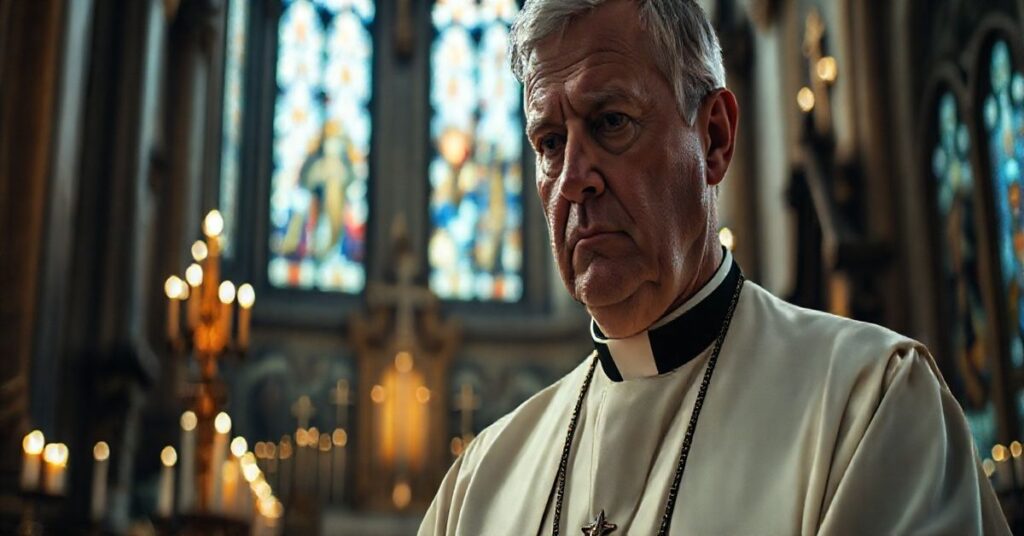 Realistyczne zdjęcie katolickiego kapłana w sutannie wyrażającego krytykę wobec modernistycznych zmian w Kościele