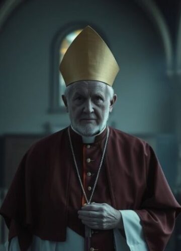 Krytyczny obraz biskupa jako symbol upadku katolickiej duchowości Smutny obraz starszego katolickiego biskupa w tradycyjnym stroju, symbolizujący kryzys duchowy i upadek struktury Kościoła po Soborze Watykańskim II