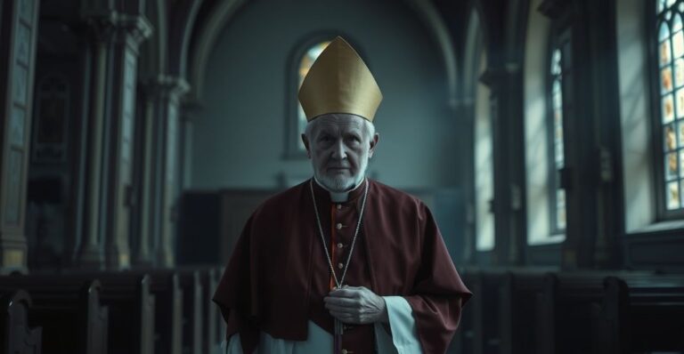 Smutny obraz starszego katolickiego biskupa w tradycyjnym stroju, symbolizujący kryzys duchowy i upadek struktury Kościoła po Soborze Watykańskim II