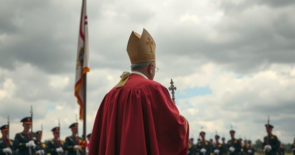 Katolicki obraz przedstawiający biskupa podczas uroczystości z elementami militarnymi, symbolizujący duchową i teologiczną krytykę współczesnego Kościoła