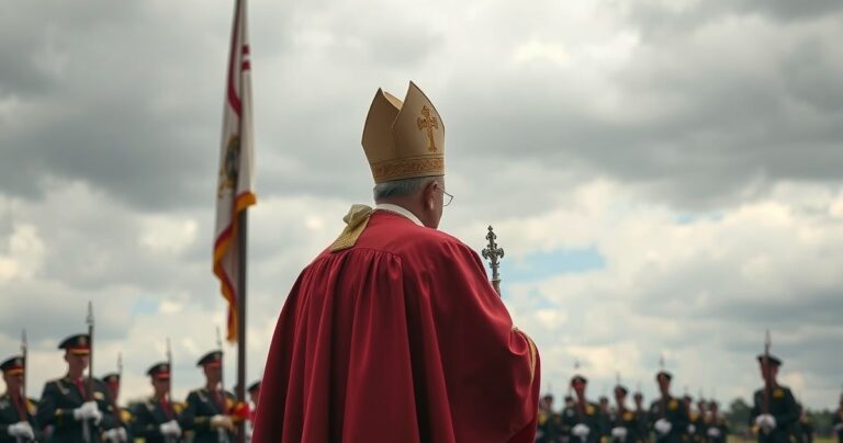 Katolicki obraz przedstawiający biskupa podczas uroczystości z elementami militarnymi, symbolizujący duchową i teologiczną krytykę współczesnego Kościoła