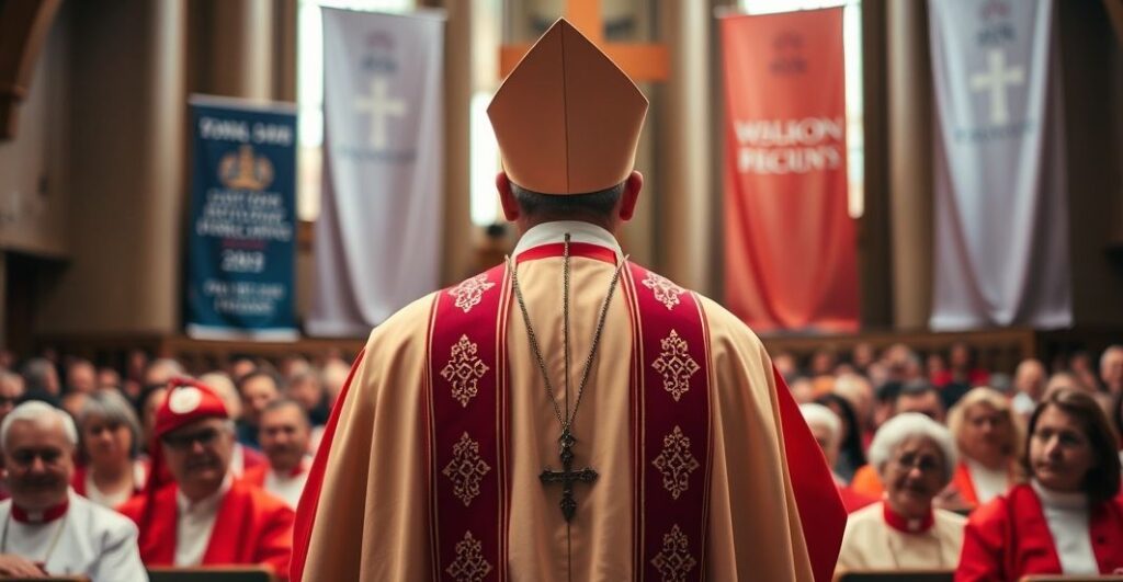 Biskup w liturgicznym stroju podczas katolickiego zgromadzenia, wyrażający powagę wobec kryzysu wiary i odchyleń od nauki Kościoła