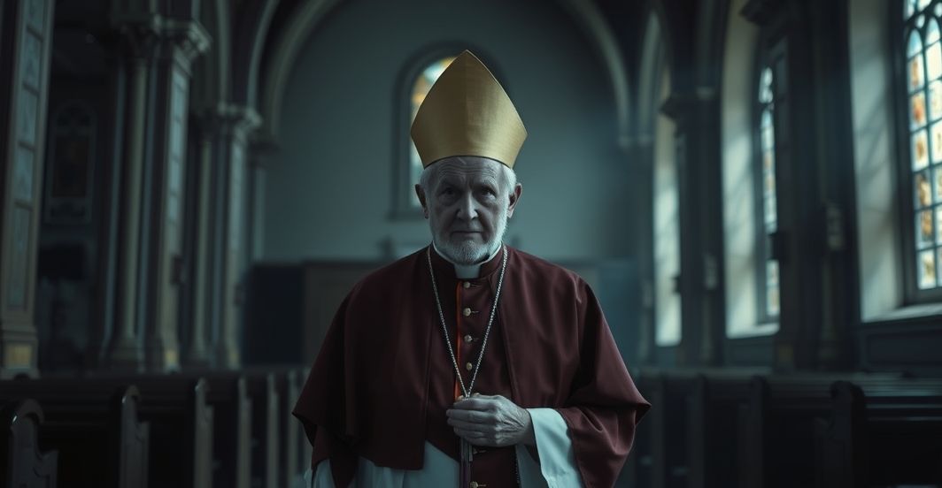 Smutny obraz starszego katolickiego biskupa w tradycyjnym stroju, symbolizujący kryzys duchowy i upadek struktury Kościoła po Soborze Watykańskim II