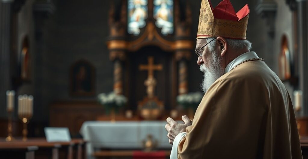 Rewersywny obraz katolickiego duchownego w modlitwie w tradycyjnej świątyni, podkreślający powagę i krytykę posoborowych procesów beatyfikacyjnych