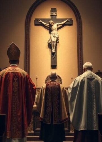 Krytyczny obraz katolicki ukazujący wierność doktrynie w obliczu ekumenizmu Rewerentny obraz katolicki ukazujący duchownego w tradycyjnych szatach w kościele, symbolizujący krytykę ekumenizmu i zachowanie wiernej doktryny