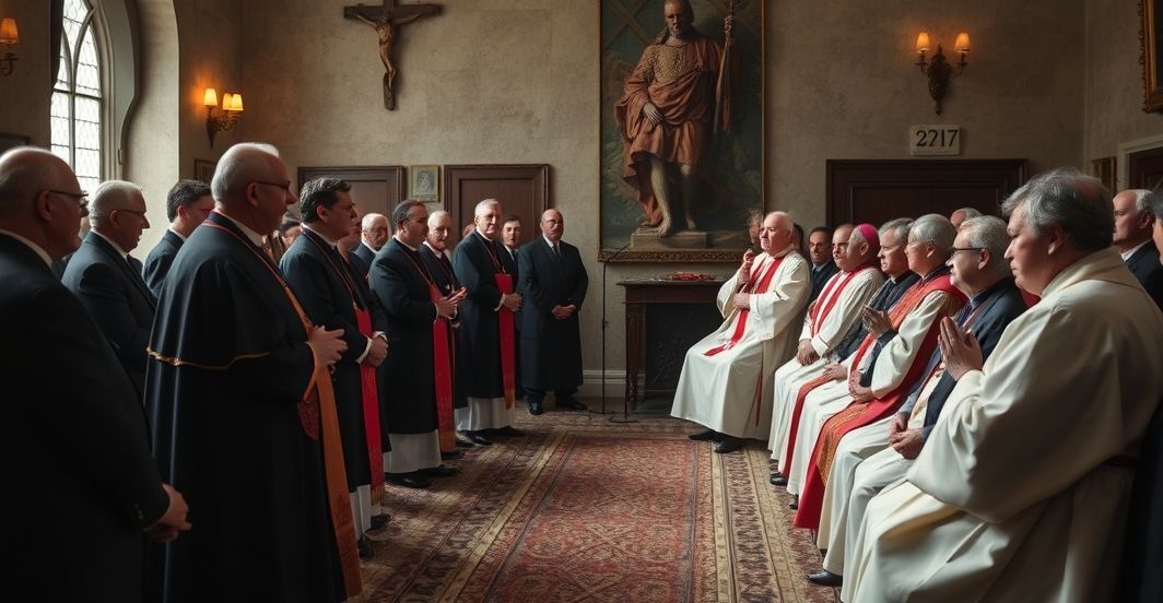 Realistyczne, pełne szacunku zdjęcie katolickiej wspólnoty podczas rozważania moralnych zagrożeń związanych z nienawiścią w polityce