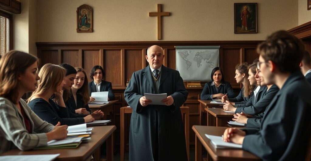 Obraz przedstawiający krytyczny obraz katolickiego środowiska edukacyjnego, z naciskiem na kontrowersje wokół promowania gender ideologii w katolickim kontekście