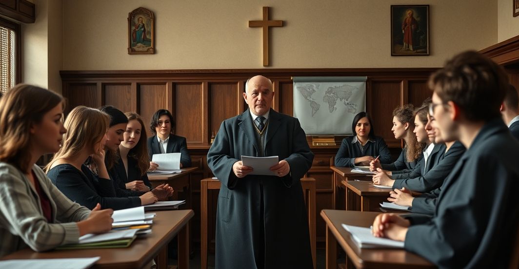 Krytyczny obraz katolickiego środowiska edukacyjnego wobec gender ideologii Obraz przedstawiający krytyczny obraz katolickiego środowiska edukacyjnego, z naciskiem na kontrowersje wokół promowania gender ideologii w katolickim kontekście