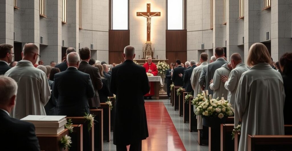Realistyczne zdjęcie katolickiego pogrzebu z krytycznym nastawieniem do modernistycznej liturgii i secularnej glorifikacji artysty, odzwierciedlające odwrócenie katolickiej eschatologii